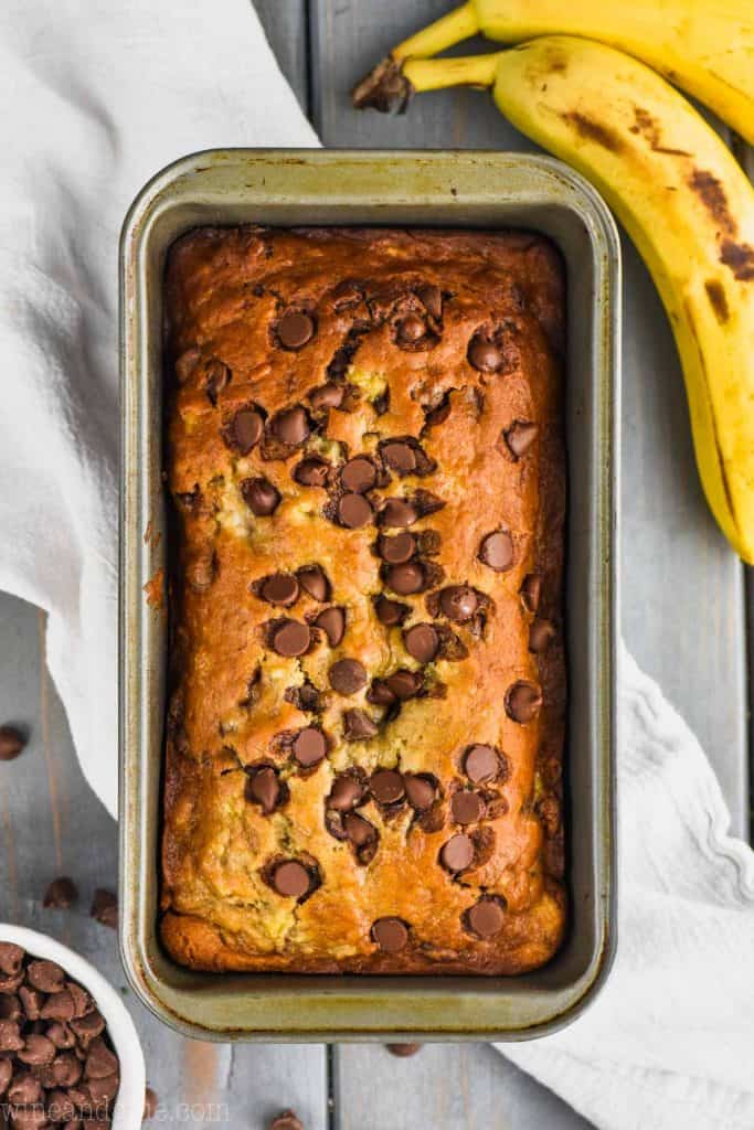 overhead view of chocolate chip banana bread recipe in a metal bread pan