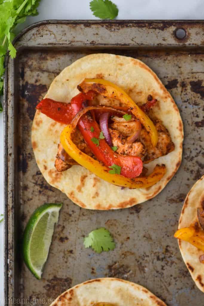 over head view of easy chicken fajita on a baking tray