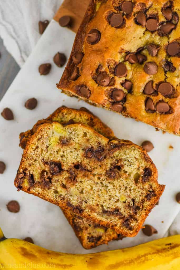 over head view of slices of easy chocolate chip banana bread recipe