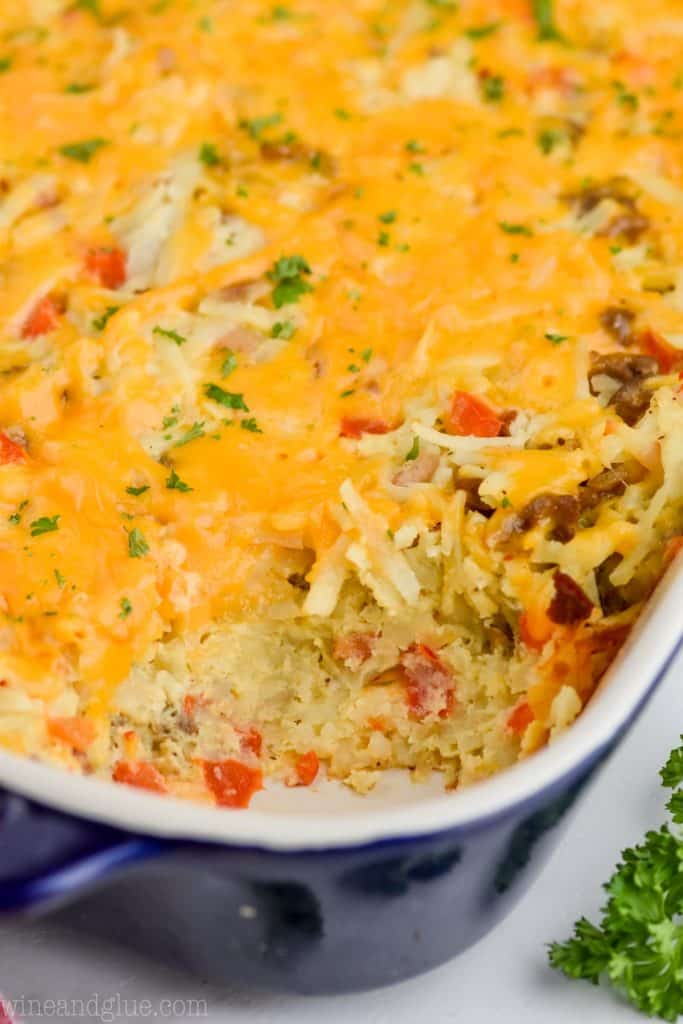 up close view of the side of an easy hash brown casserole recipe