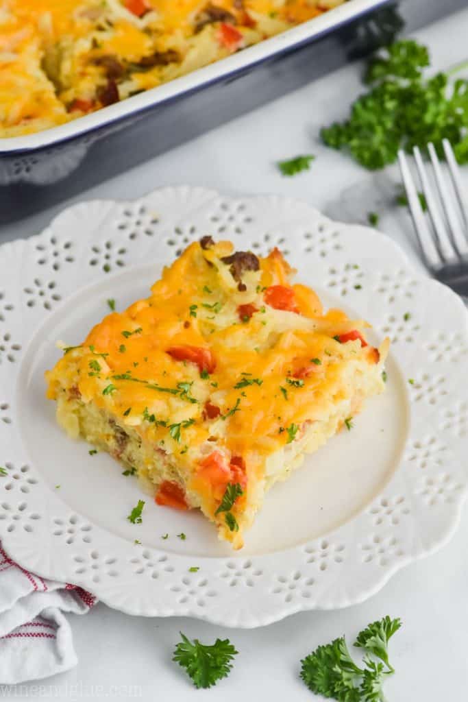 square of hash brown bacon breakfast casserole on a plate