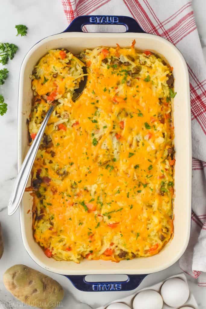 overhead view of hash brown egg casserole in a blue casserole dish