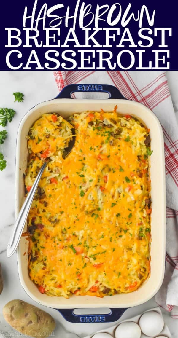 overhead view of hash brown egg casserole in a blue casserole dish