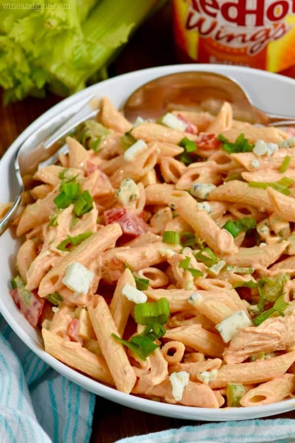 bowl of buffalo ranch chicken pasta salad