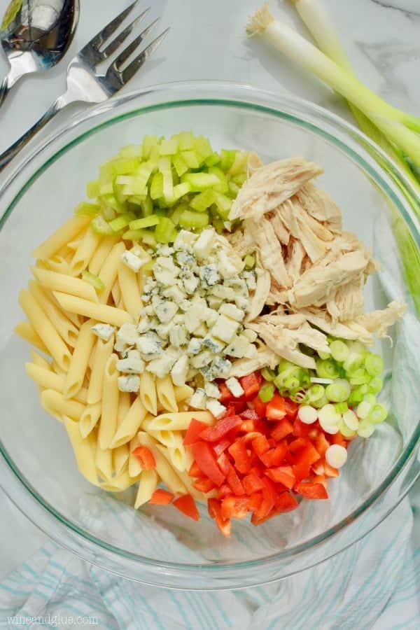 overhead view of ingredients for buffalo ranch pasta salad