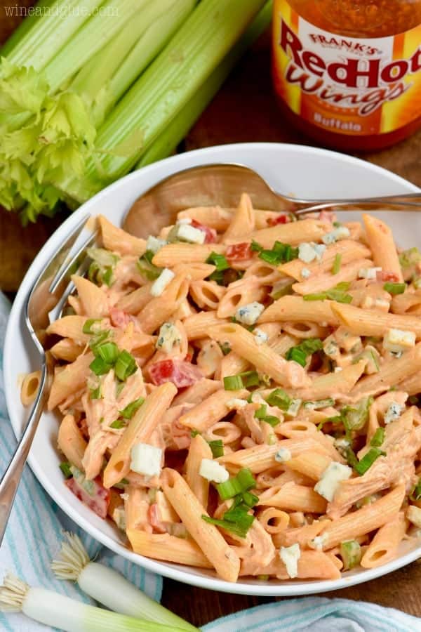 serving bowl of buffalo ranch pasta salad