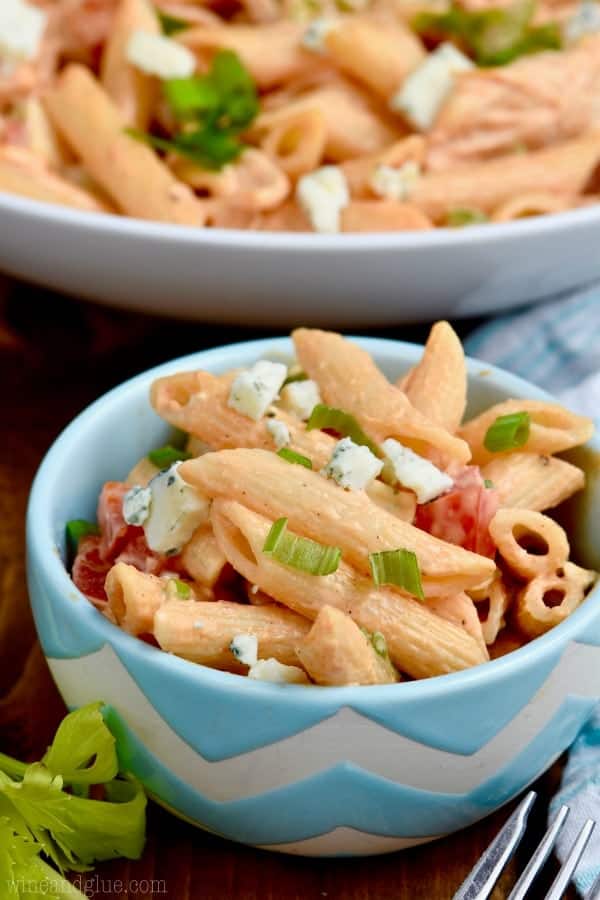 small bowl of buffalo ranch pasta salad