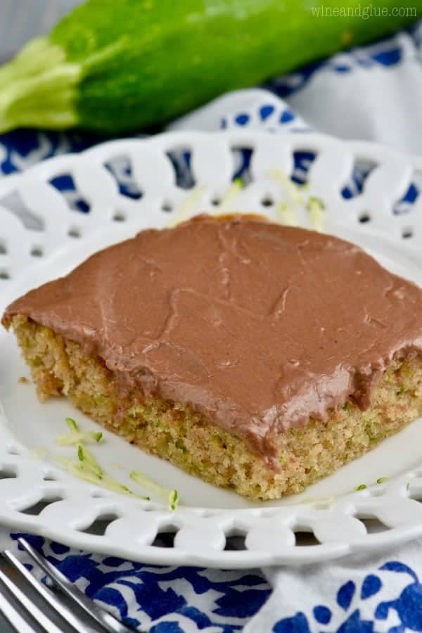 Zucchini cake on a white plate. 