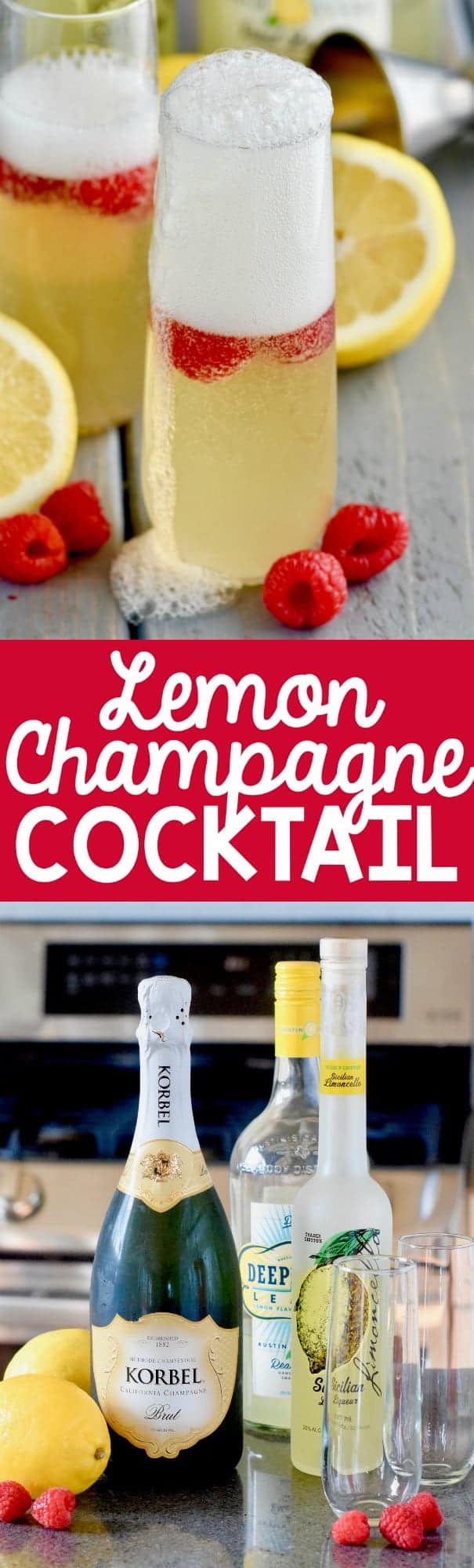 In a champagne fluke, the Lemon Champagne Cocktail has a yellow tint and topped with raspberries