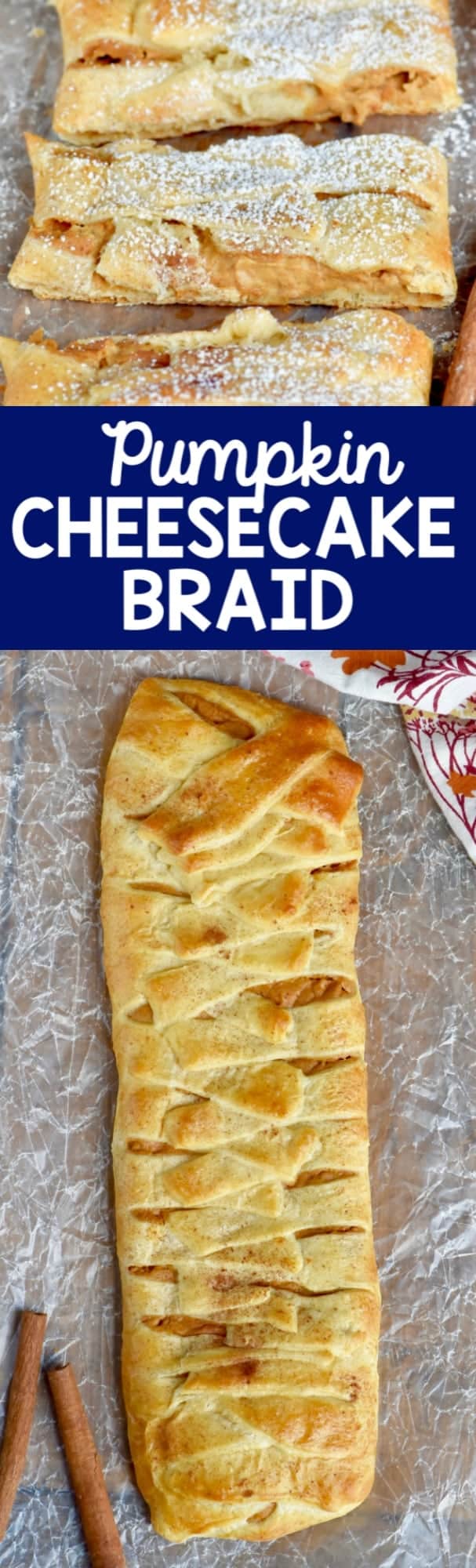 The Pumpkin Cheesecake Braid has a hard golden brown exterior and dusted with powdered sugar. 