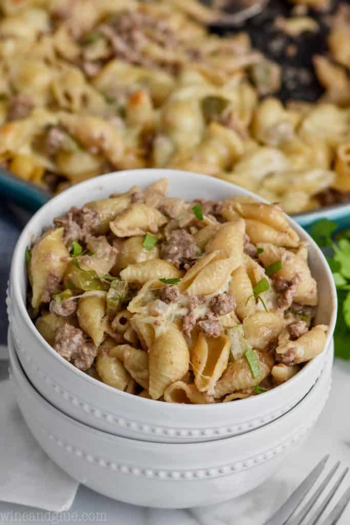bowl full of philly cheesesteak casserole