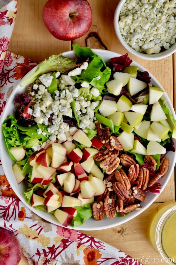 An overhead photo of the Apple Pecan Fall salad with both red and green apples, pecans, and blue cheese.