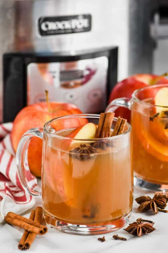 a clear mug of spiced apple cider in front of a crockpot garnished with apple slices, cinnamon sticks, and star of anise