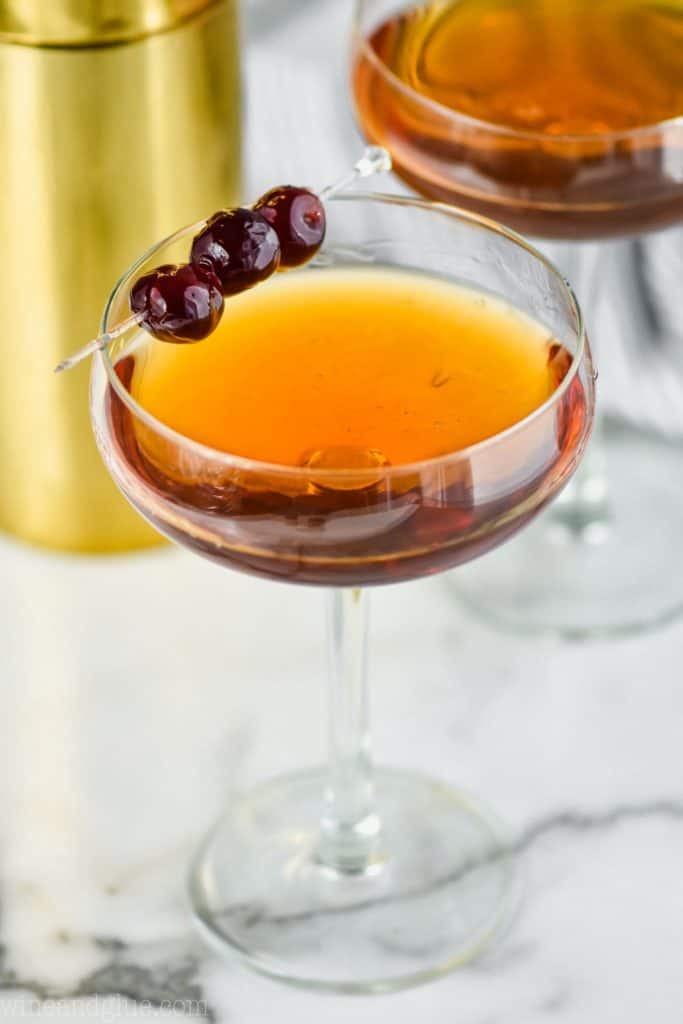 close up of a Manhattan in a coupe glass