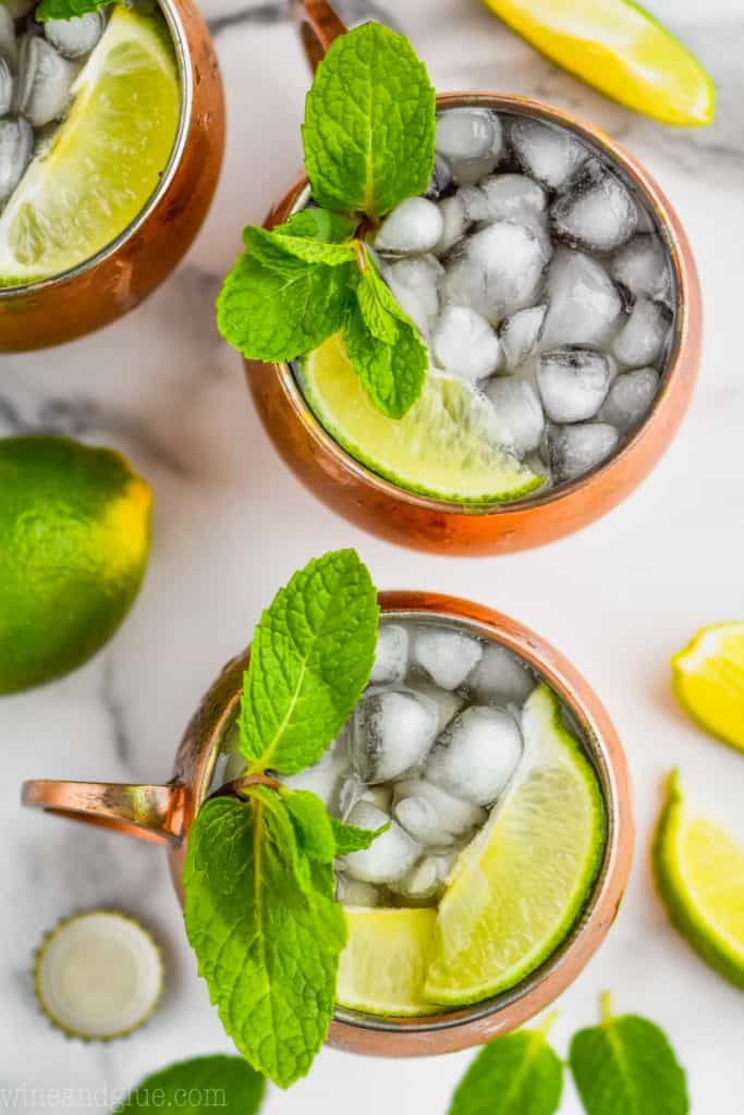 overhead view of moscow mule drink in copper mugs