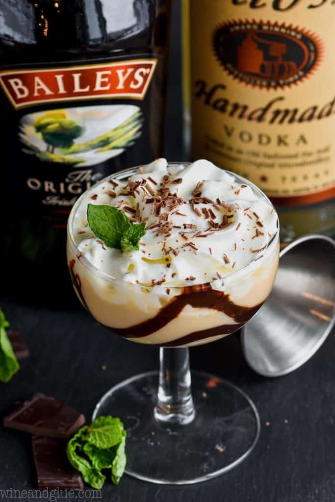 baileys chocolate martini with baileys and titos bottles