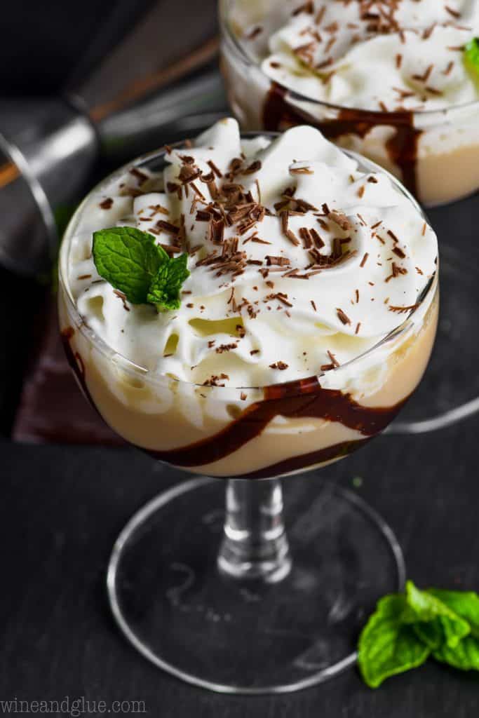 baileys chocolate martini in a small glass garnished with chocolate