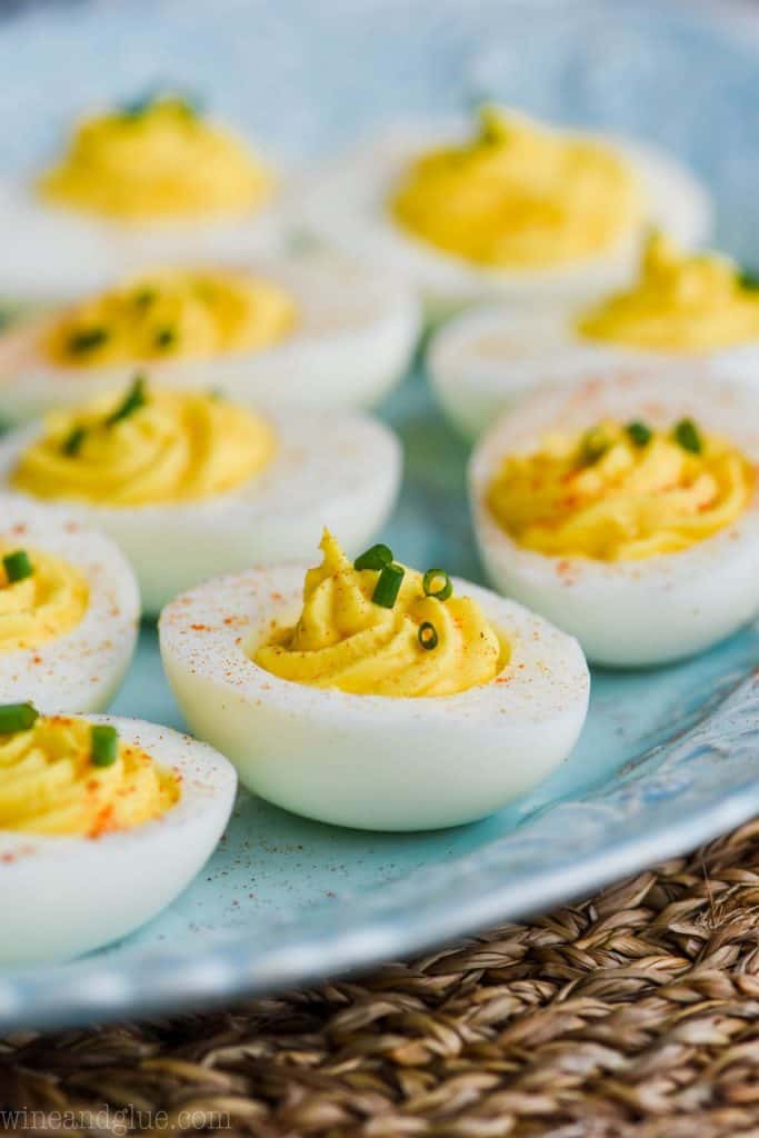 side view of a blue platter of deviled egg recipe