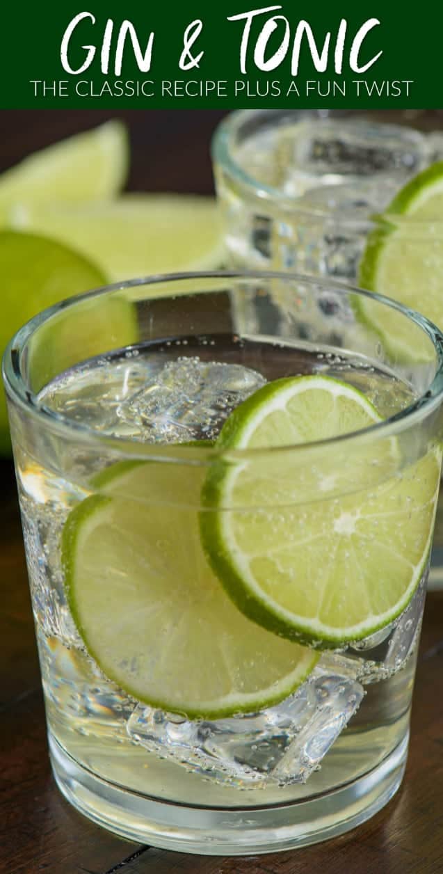 up close view of a gin and tonic recipe in a small tumbler with two lime slices and ice and another glass in the background