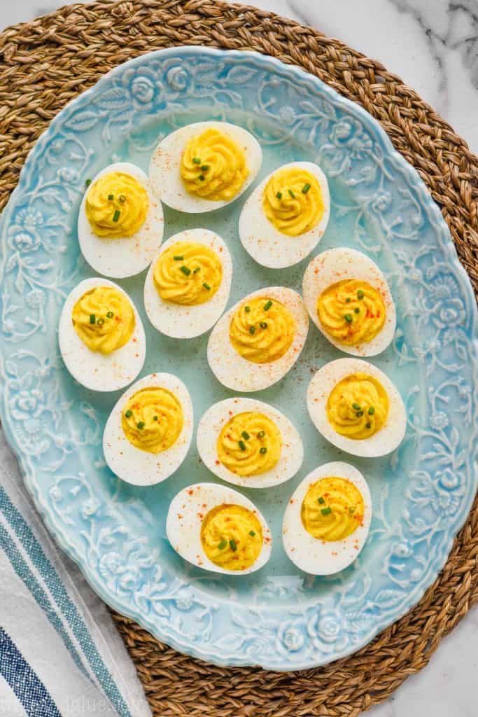 overhead view of a platter of deviled eggs