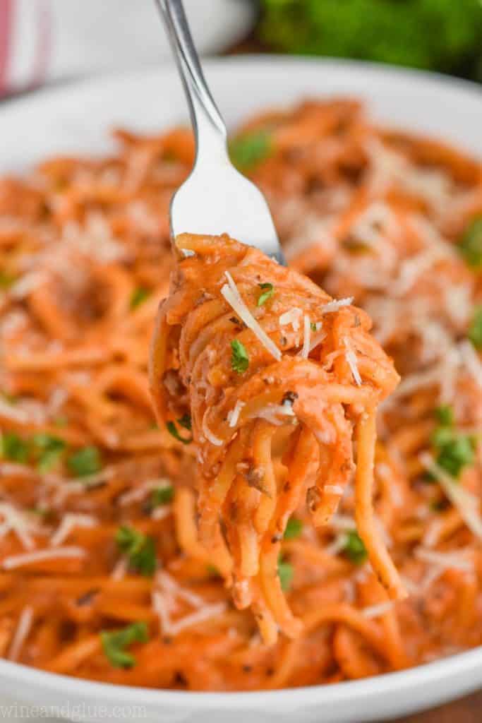 forkful of creamy instant pot spaghetti