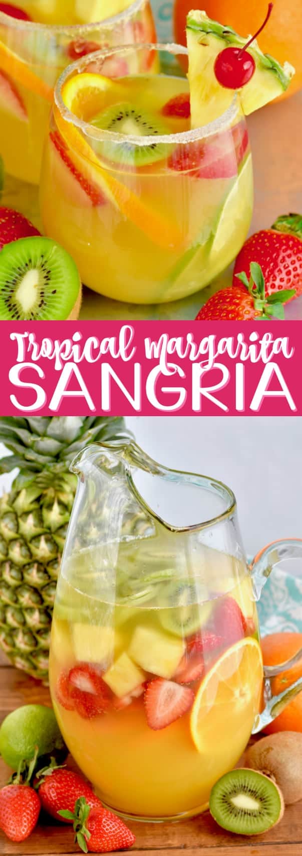 glass of tropical margarita sangria with a pineapple wedge and a cherry