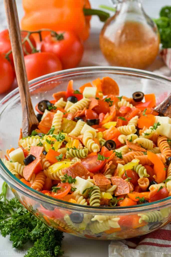 the best Italian pasta salad in a big bowl