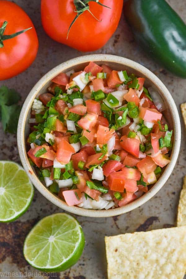 over head shot of bowl of pico de gallo recipe