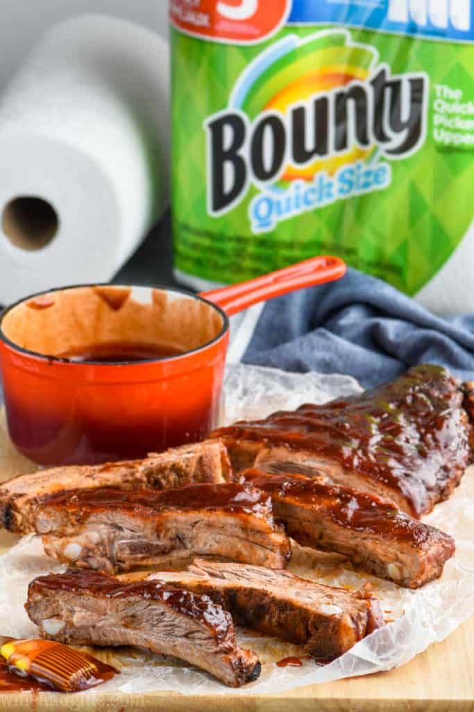oven baked ribs with bounty paper towels in the background