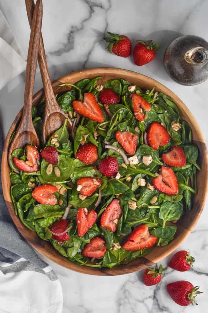 overhead view of strawberry spinach salad