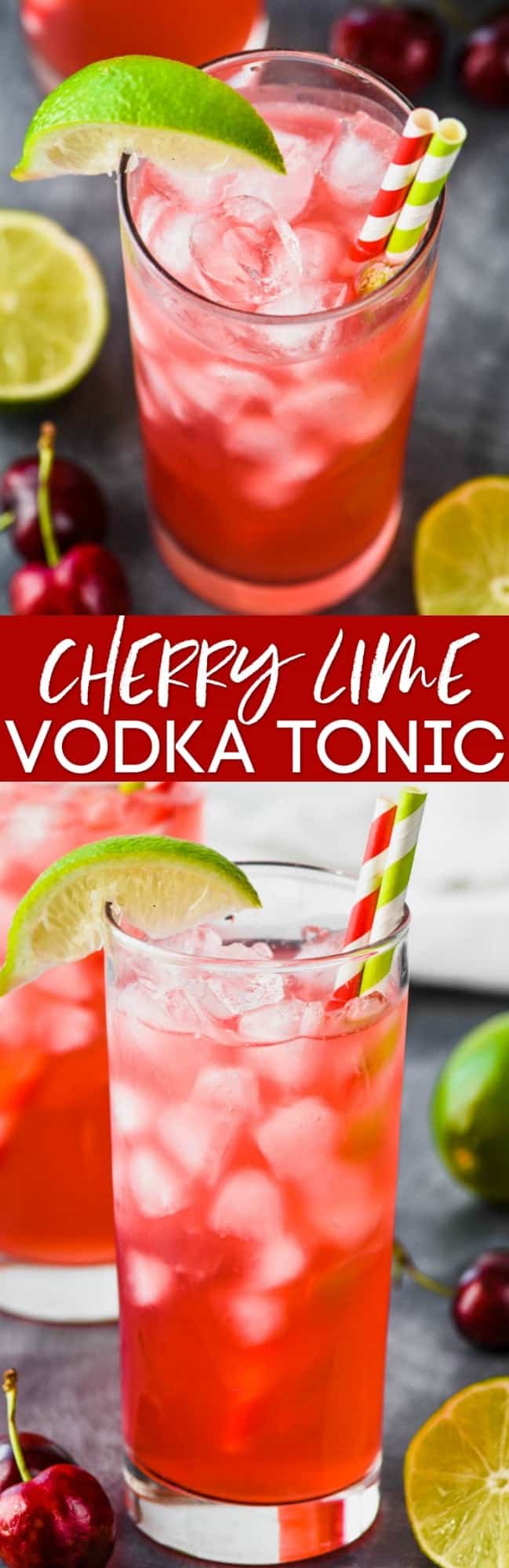 collage of photos of cherry lime vodka tonic