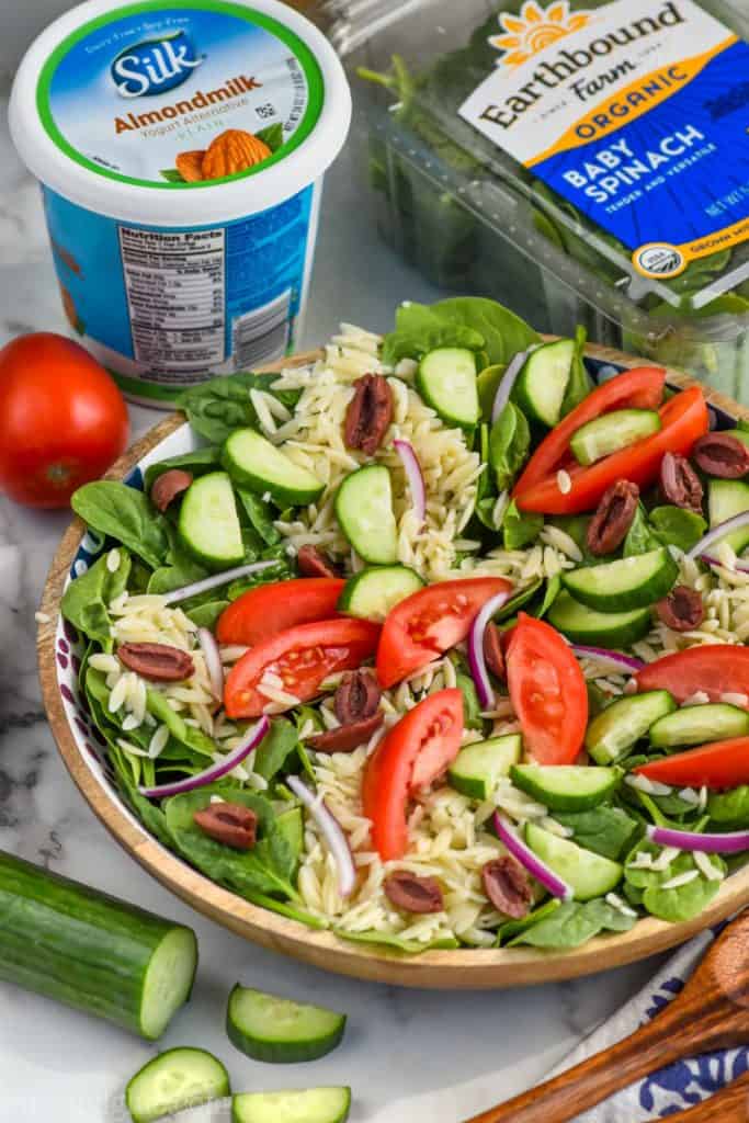 overhead view of best orzo pasta salad recipe