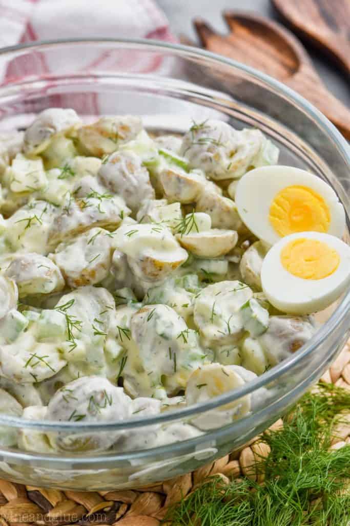 big serving bowl full of healthy potato salad
