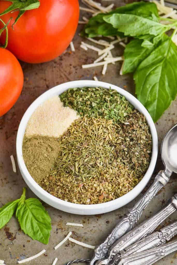 overhead shot of small dish of italian seasoning recipe divided