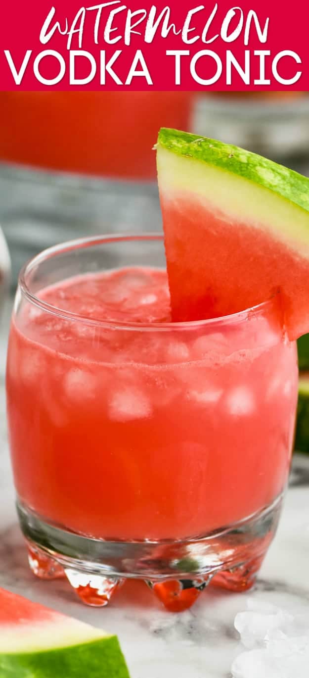 close up of a tumbler full of ice and a watermelon vodka tonic garnished with a watermelon slice