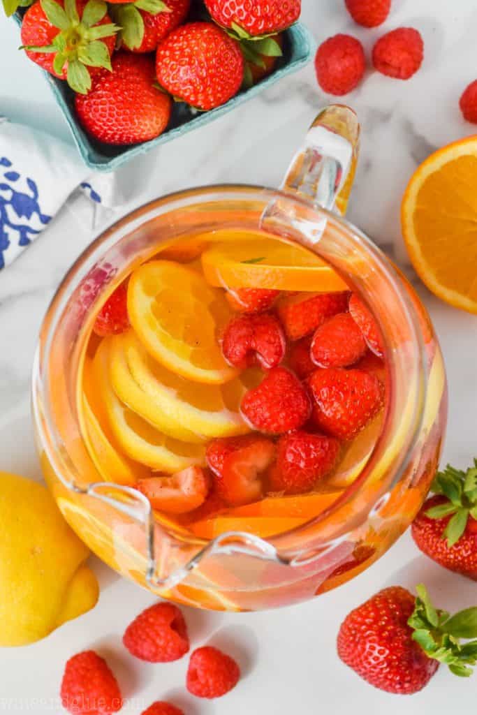 overhead view of a pitcher of white sangria with vodka