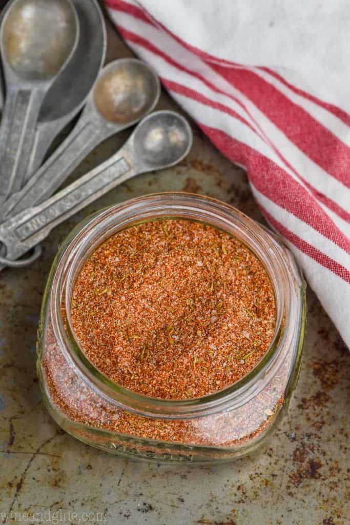 overhead view of cajun seasoning recipe in a mason jar