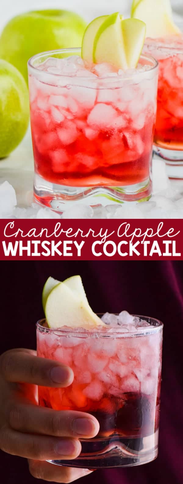 cranberry apple whiskey cocktail garnished with apple
