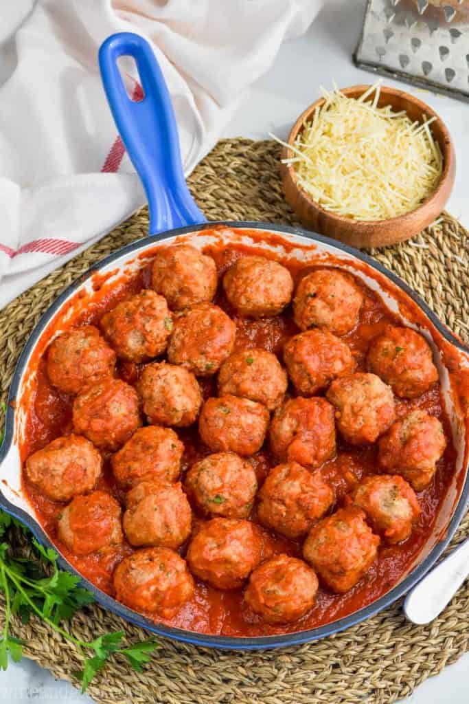 pan full of turkey meatballs covered in sauce