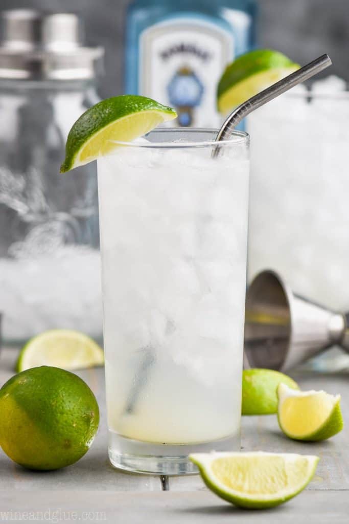 gin rickey cocktail recipe with metal straw and ingredients in the background
