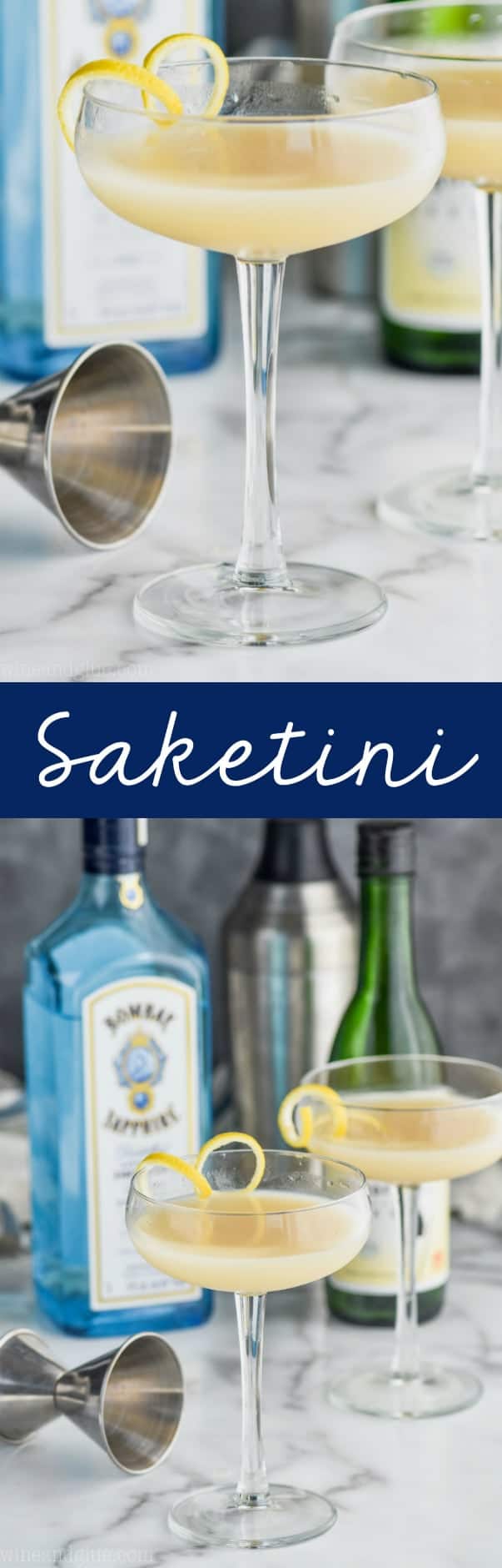 glass with saketini cocktail recipe in front of a bottle of gin and a bottle of sake