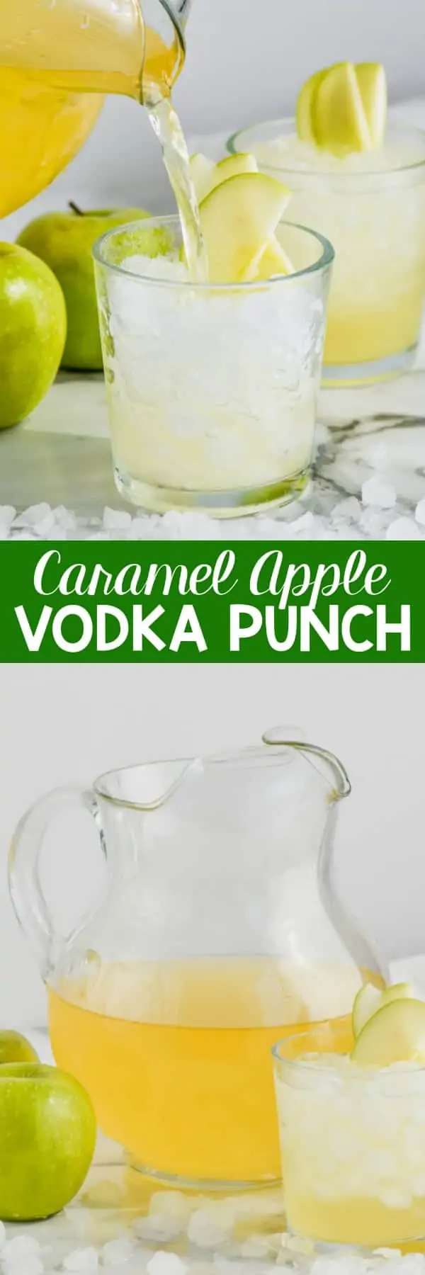 caramel apple vodka punch being poured into a glass of ice garnished with sliced apples