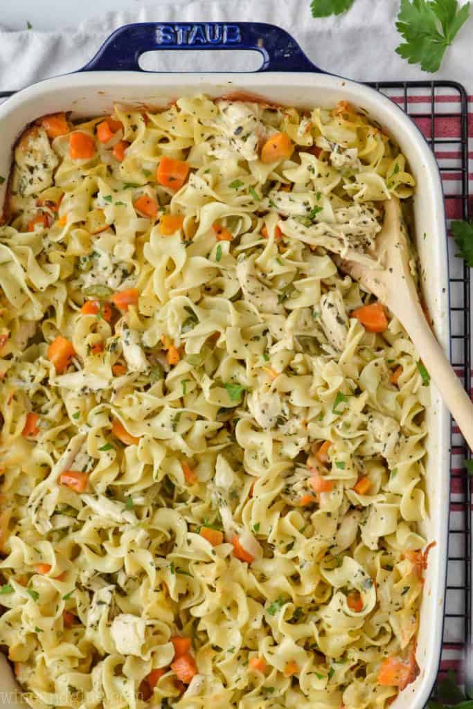 overhead view of homemade chicken egg noodle casserole