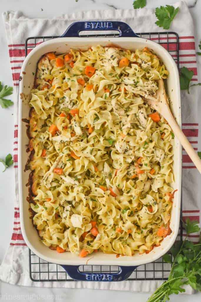 overhead view of a casserole dish of easy chicken noodle casserole