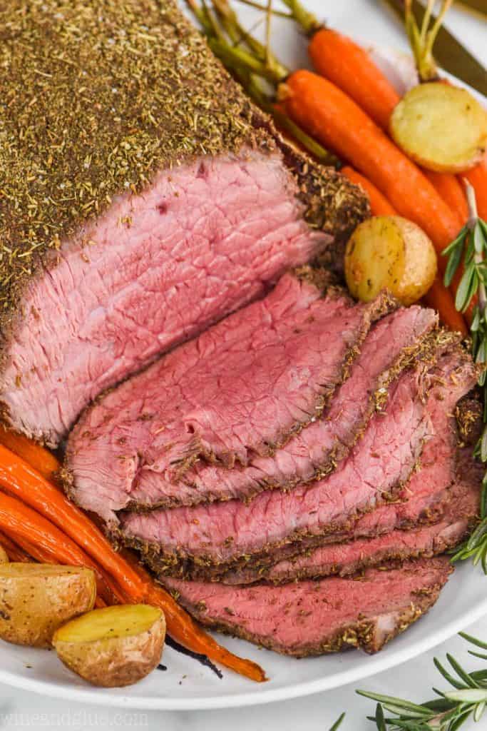 up close view of beef top round roast recipe sliced