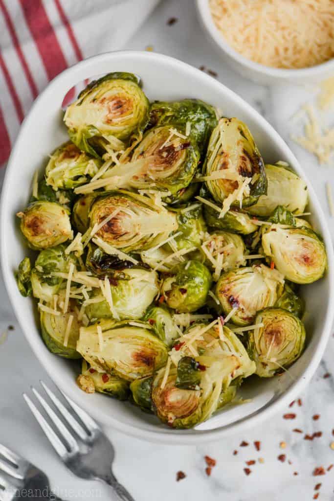 overhead view of crispy brussels sprouts in a bowl