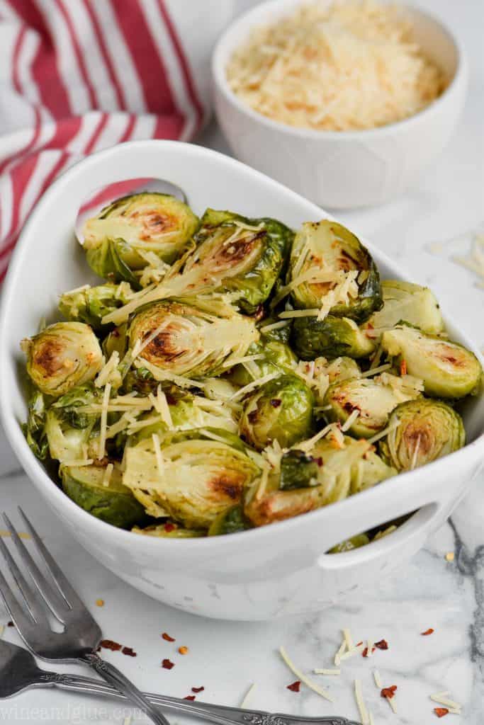 bowl of crispy brussels sprouts with parmesan