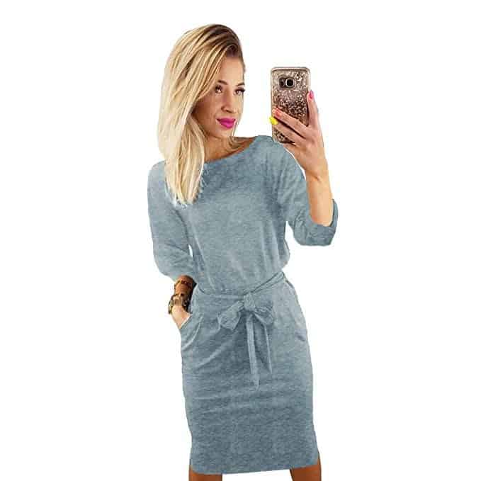 woman in a gray casual pencil dress