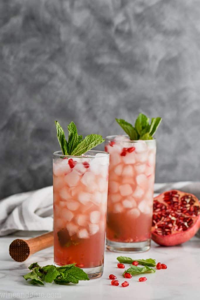 two glasses of mojito recipe made with pomegranate liqueur