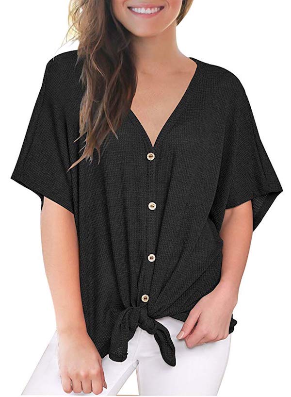 woman wearing loose front tie shirt